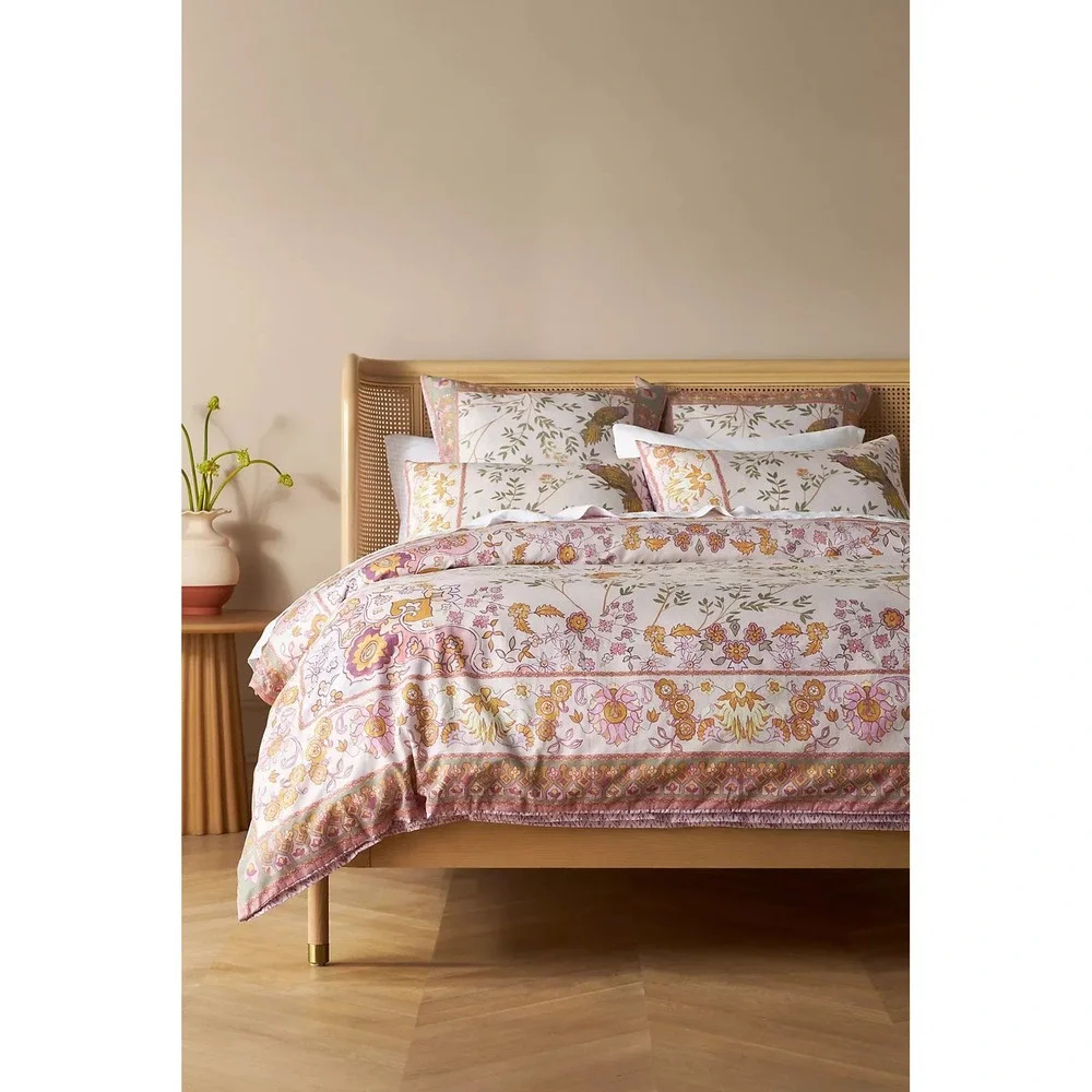 Anthropologie Priyanka Blossom Duvet Cover Queen Organic Cotton Pink Floral Bird